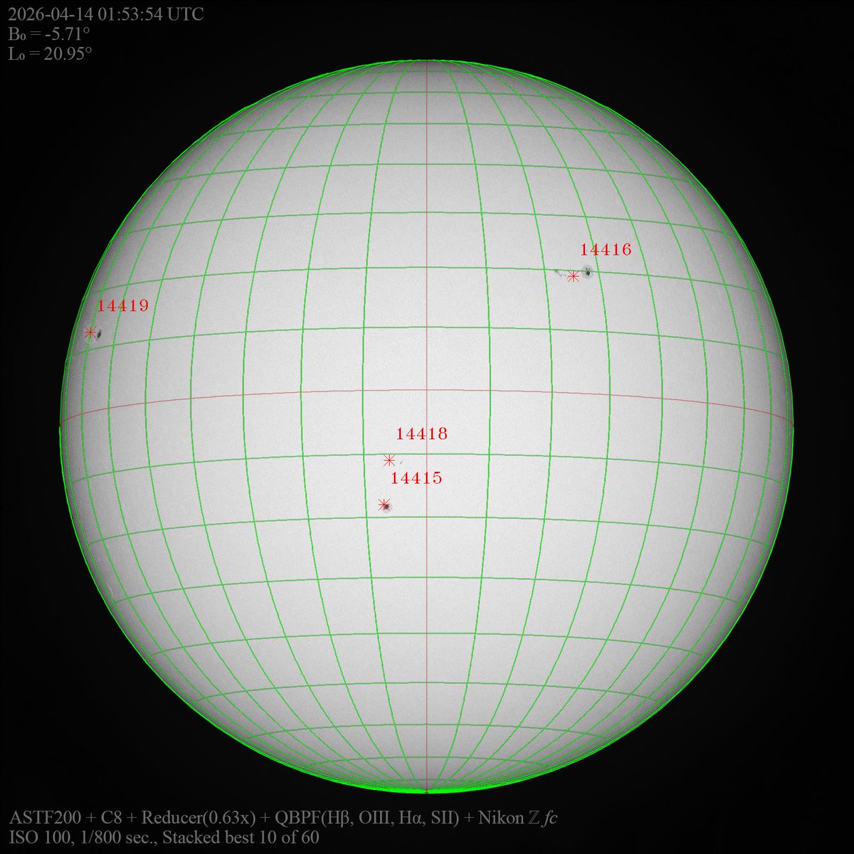 tahiti_express's tweet image. #Sun &amp;amp; #Sunspot 2026-04-14 01:53:54 UTC
久し振りの太陽撮影。薄雲越しの撮影。やや風があり鏡筒が煽られる。

ASTF200 + C8 + Reducer(0.63x) + QBPF(Hβ, OIII, Hα, SII) + Zfc; ISO 100; 1/800sec.; Stacked best 10 of 60; #愛知県尾張旭市 Japan
lambdablog.blog.fc2.com/blog-entry-313…