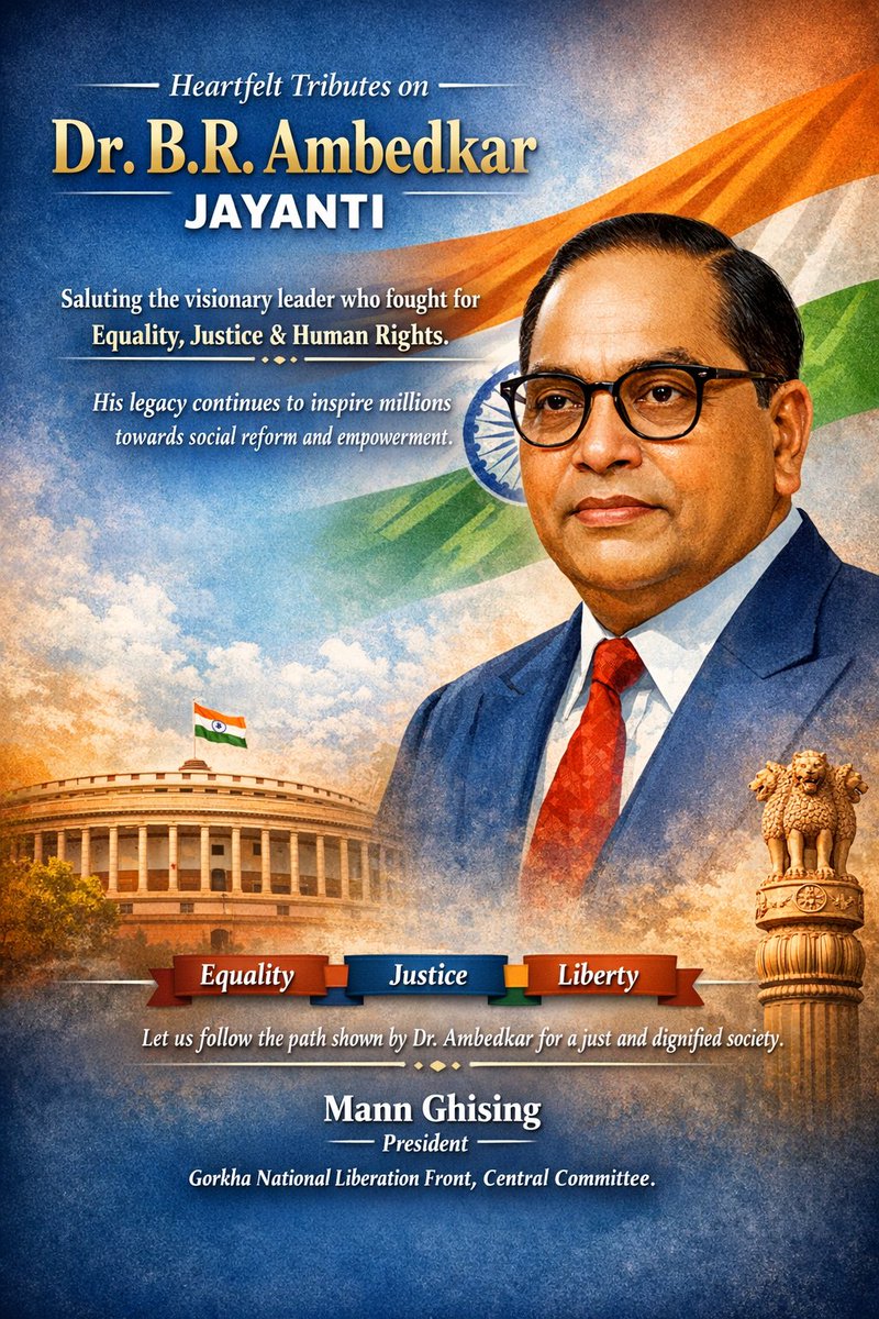 GNLFPARTY's tweet photo. On April 14, I extend heartfelt greetings on the birth anniversary of Bharat Ratna Dr. B.R. Ambedkar.
His lifelong fight for equality, justice, and human rights continues to inspire us—let us uphold his vision of dignity and equal opportunity for all. https://t.co/mW5D7qNK8T