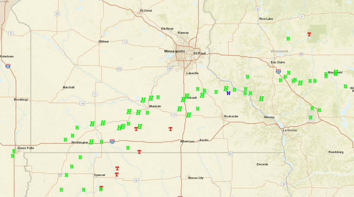 NWSTwinCities's tweet image. We no longer have any severe or tornado warnings for our area and we expect to remain warning free for the rest of the night. THANK YOU to everyone for all of your reports tonight. We had 3 confirmed tornadoes occur in southern MN and widespread hail (up to 3 inches) #mnwx #wiwx