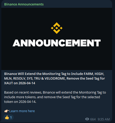 Binance gắn thẻ giám sát cho: #FARM #HIGH #MLN #RESOLV #SYS #TRU #VELODROME