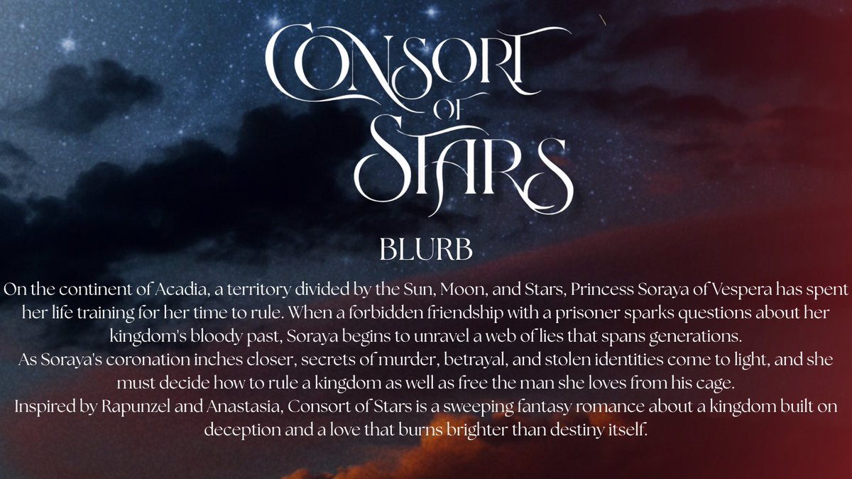 APHauthor's tweet photo. An Agent's Guide to:

CONSORT OF STARS

An Anastasia meets Rapunzel inspired  romantasy series where one girl must rise above tradition and a bloody family dynasty in order to save her kingdom and change her fate.

#amquerying 
#litagents 
#writingcommunity https://t.co/1cKgFXgByq
