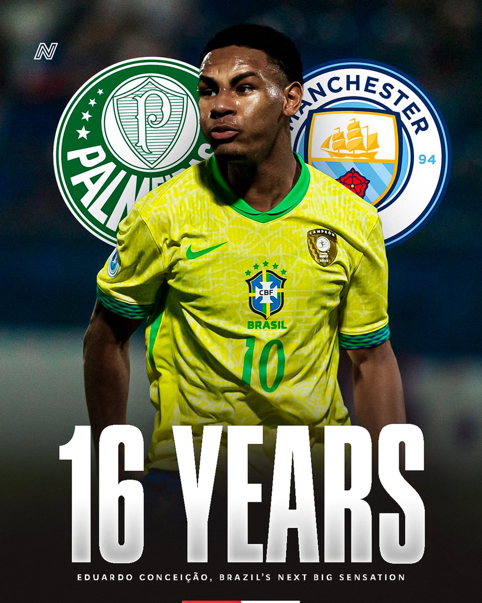 Brazil just keeps producing talent… 🇧🇷✍

Manchester City are in the race to sign Eduardo Conceição, a 16-year-old gem from Palmeiras, for €40M 💰🤯

He’s also attracting interest from FC Barcelona, Paris Saint-Germain and Chelsea FC, though they are slightly behind 👀

He