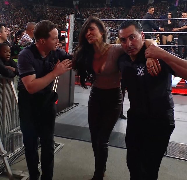 Aaron150615's tweet photo. @MrSantiZap Apparently Cathy Kelly was helped backstage after she was in the beginning of the Liv and Stephanie brawl. Also that brawl was amazing and Liv looked insane. https://t.co/ckQQoekoOq
