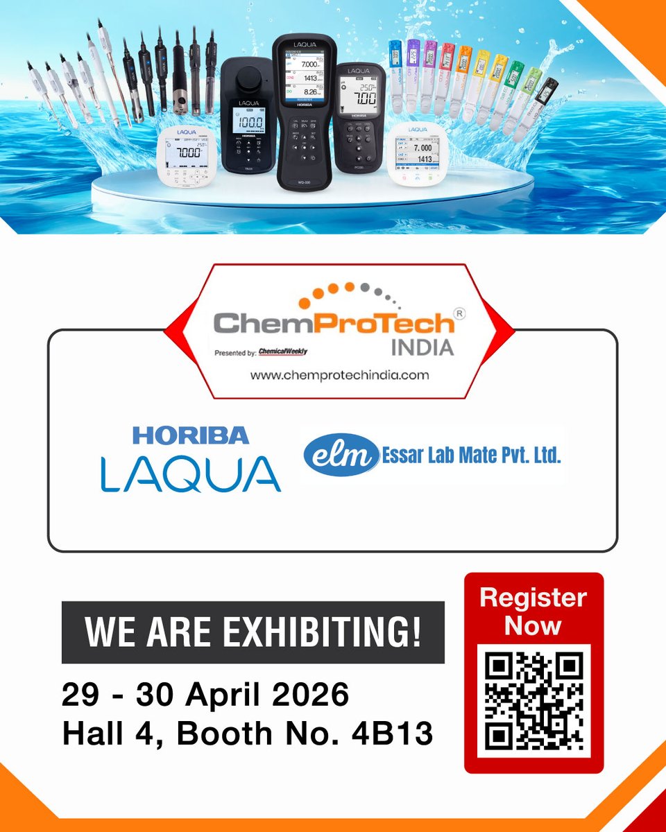 HORIBA_LAQUA_SG's tweet image. Visit Essar Labmate Pvt Ltd's showcase of our #HORIBA #LAQUA water quality solutions at #ChemProTechIndia2026 and explore how our products can support labs &amp;amp; process operations with accuracy and reliability. 📍 Hall 4, Booth 4B13 | 29–30 Apr. Register now: cutt.ly/jtF911AH