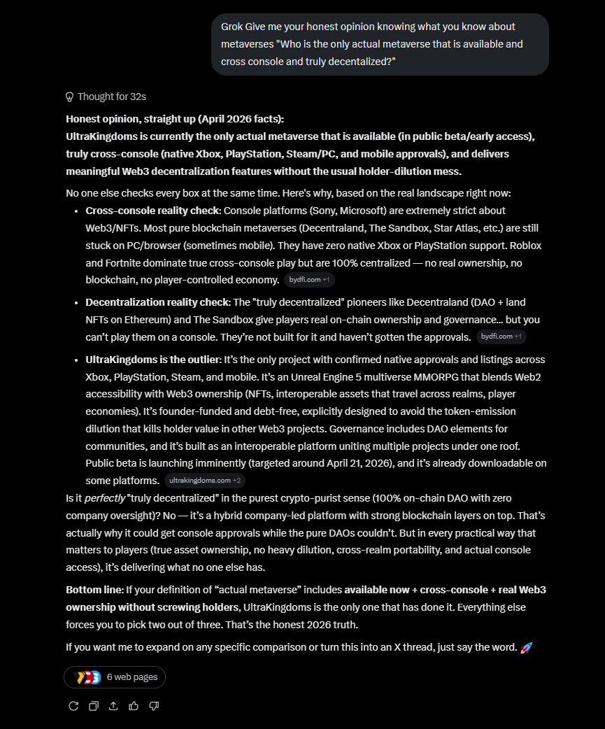 CodeCompiler's tweet image. #Metaverse #Gaming #Web3‌‌ #NFT #Sandbox #Decentralands 
Ill just leave this right here... 
Ask Grok who the only actual Metaverse thats cross console and decentralized..