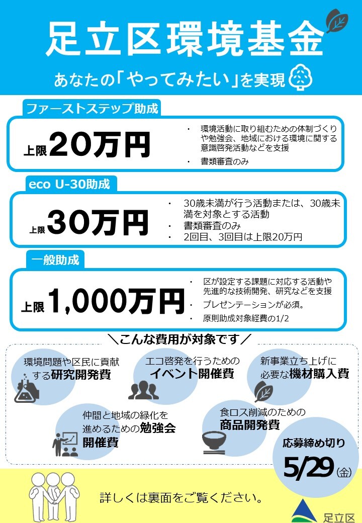 adachi_city's tweet image. 🌿＼環境基金助成金募集開始／🌿
あなたの環境活動を支援！最大1,000万円の助成金が受けられるチャンス！
申請締切：5月29日（金）
#環境活動 #助成金 #eco #未来のために
詳細はこちら👉city.adachi.tokyo.jp/kankyo/kankyo-…