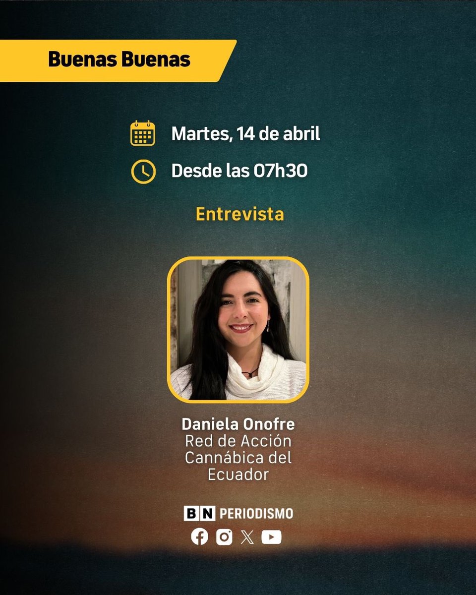 🔴 Noticiero matutino - Buenas Buenas del 14 de abril

Entrevista:

🗣️ Daniela Onofre – Red de Acción Cannábica del Ecuador

Normativa del Proyecto de Ley Orgánica para la Regulación Integral del Uso Responsable de Cannabis en Ecuador

🗞️ Los esperamos a las 07:30h en YouTube, X