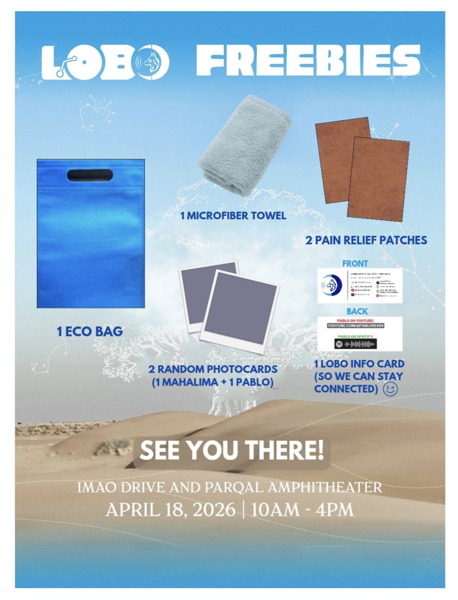 ✨LOBO FREEBIES✨
✨LOBO FREEBIES✨

Aalulong na sa Table 18!
Kitakitaan sa Fanzone! 😉

🗓️ April 18, 2026
🕙 10:00AM until supplies last
📍Imao Drive and Parqal Amphitheater

#PABLO #SB19_PABLO
#WakasAtSimula #SB19
#SB19WaS #WaSTheFinale