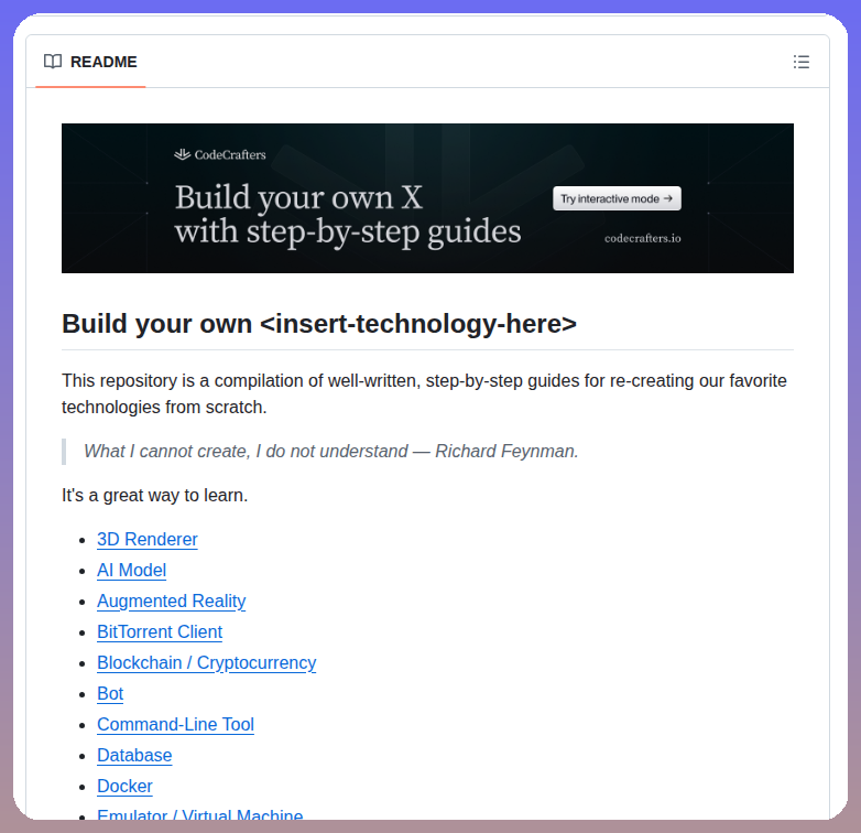 Guides for re-creating technologies from scratch

github.com/codecrafters-i…