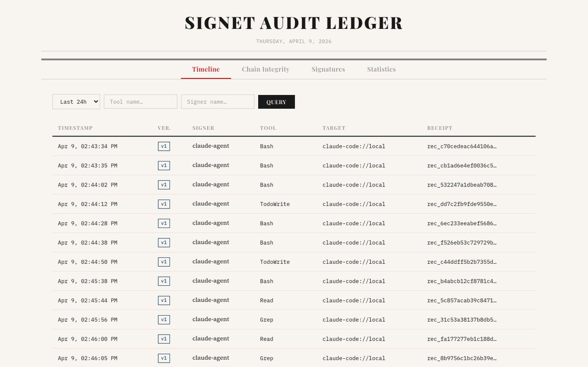 WillamUpUp's tweet image. Your AI agent's audit trail — visualized.

signet dashboard

Timeline. Chain integrity. Signature verification. Delegation paths. All local, no cloud.

github.com/Prismer-AI/sig…

#AIAgents #DevTools #OpenSource