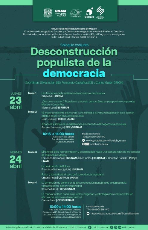 laomsceiich's tweet photo. 📢El @IISUNAM y el @ceiich_unam de la @UNAM_MX invitan al coloquio: “Desconstrucción populista de la democracia”.

📖Coordinado por Silvia Inclán, Fernando Castaños y Carina Galar. 

📅23 y 24 de abril de 2026. 
⏰10:00-14:00 hrs.

👉Más información en: https://t.co/W7vdm2CbNh https://t.co/b1RdO6ZDcg