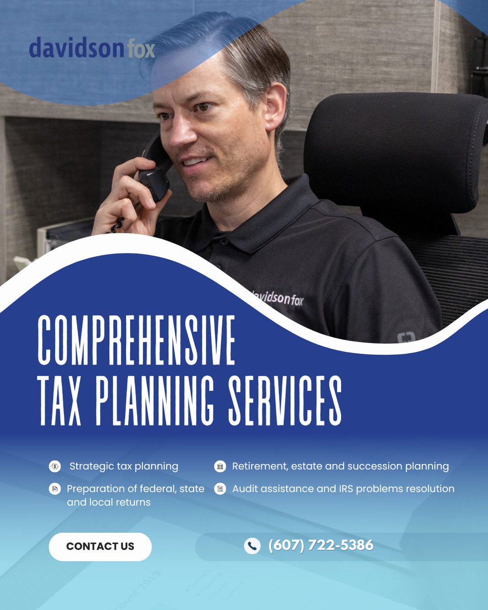 davidsonfoxco's tweet photo. Comprehensive tax planning services that go beyond the numbers.

Start planning smarter today. Contact Davidson Fox and take control of your tax strategy.
📞(607) 722-5386 | 🌐 https://t.co/ryNZm6bIrp https://t.co/V0I9da4ViL