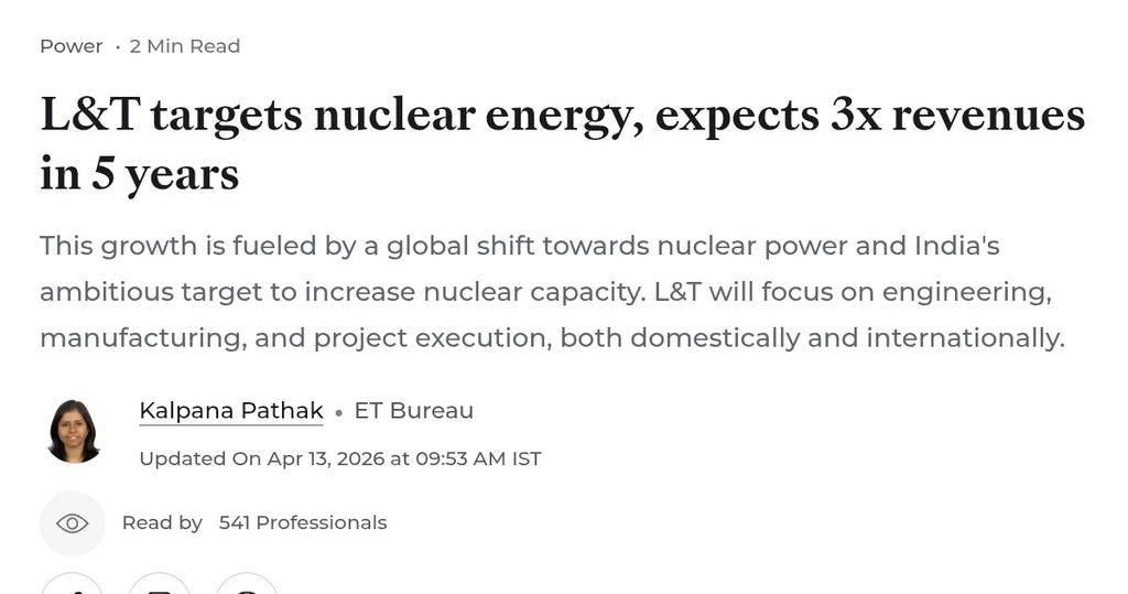 ShridhantS's tweet image. Power sector 😎 😎 

L&amp;amp; T target nuclear energy, expected 3× revenue in 5 years .

He said beyond India, L&amp;amp;T is evaluating global opportunities as nearly 32 country are planning to significant nuclear capacity.

Focus Proxy players 

#Nuclear #Power
energy.economictimes.indiatimes.com/news/power/lt-…