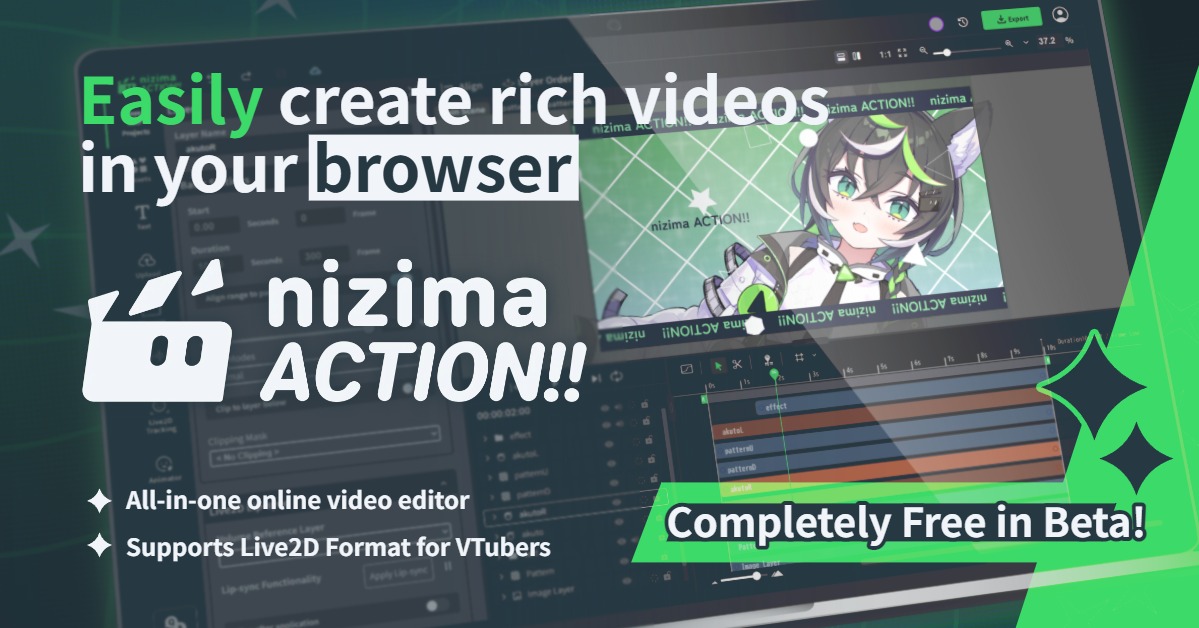 nizima_action's tweet photo. 📢Hey, VTubers and Live2D Riggers!
nizima ACTION!! is Live2D's official online video editor with full support for Live2D models. Track your model while recording,  and easily create short videos with various templates.

Try it now, completely free during beta!