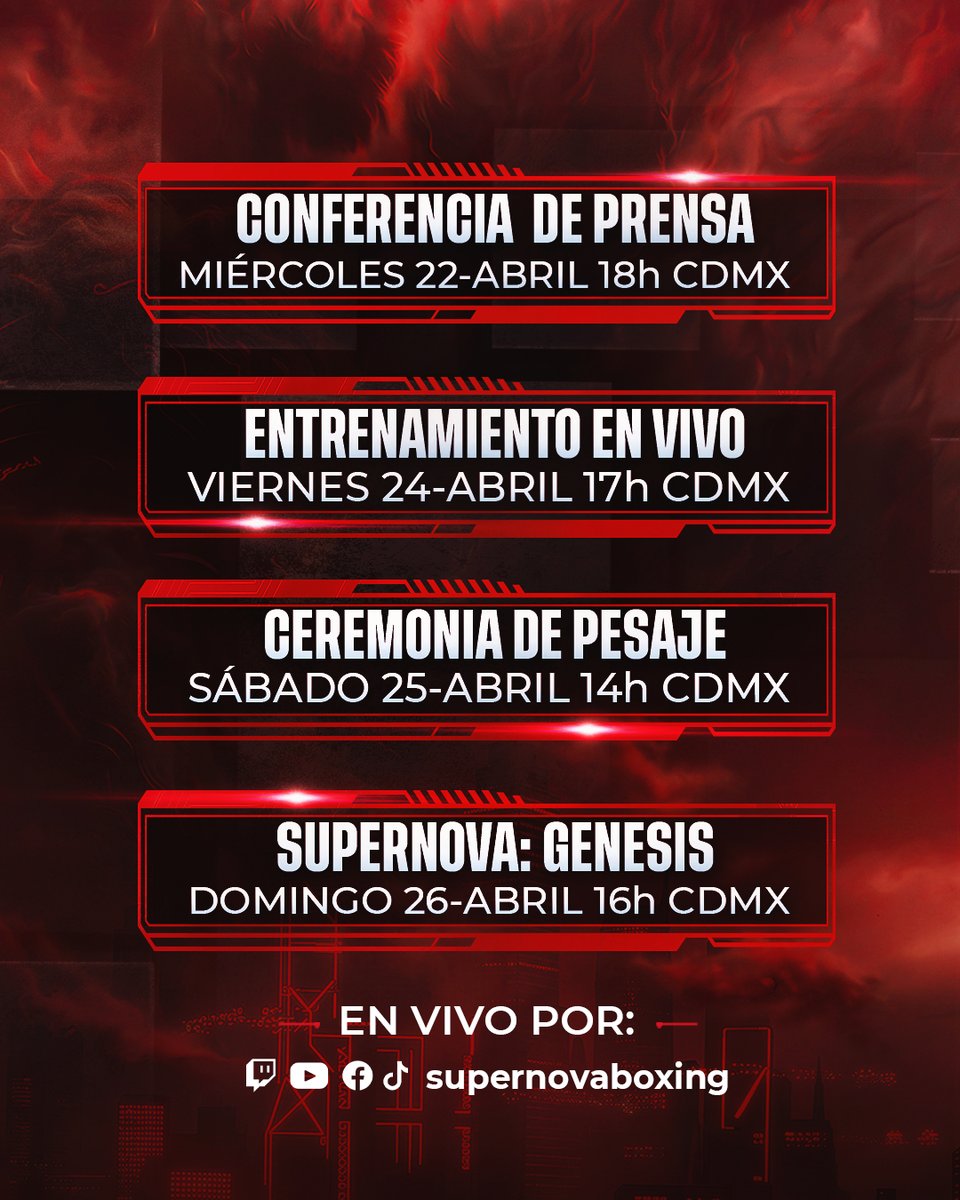 Aparten su calendario 🗓️

Este será el itinerario de la Fight Week ☝🏻

Nos vemos en nuestras redes oficiales 👊🏻

#SupernovaGenesis