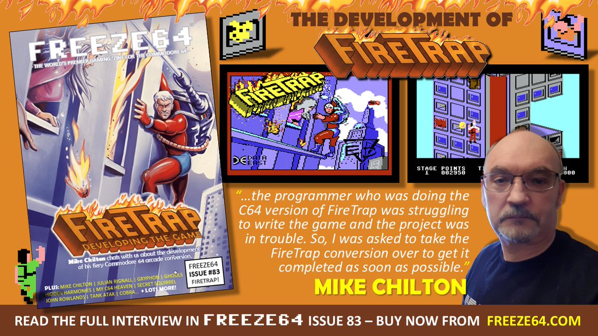 FREEZE64UK's tweet image. Delve into the development to FIRETRAP for the #Commodore64 #C64 with our FREEZE64 retrospective and also an interview with its developer, Mike Chilton.
Available in FREEZE64 issue 83:
freeze64.com/freeze64-issue…
#Commodore64Ultimate #Retrogaming