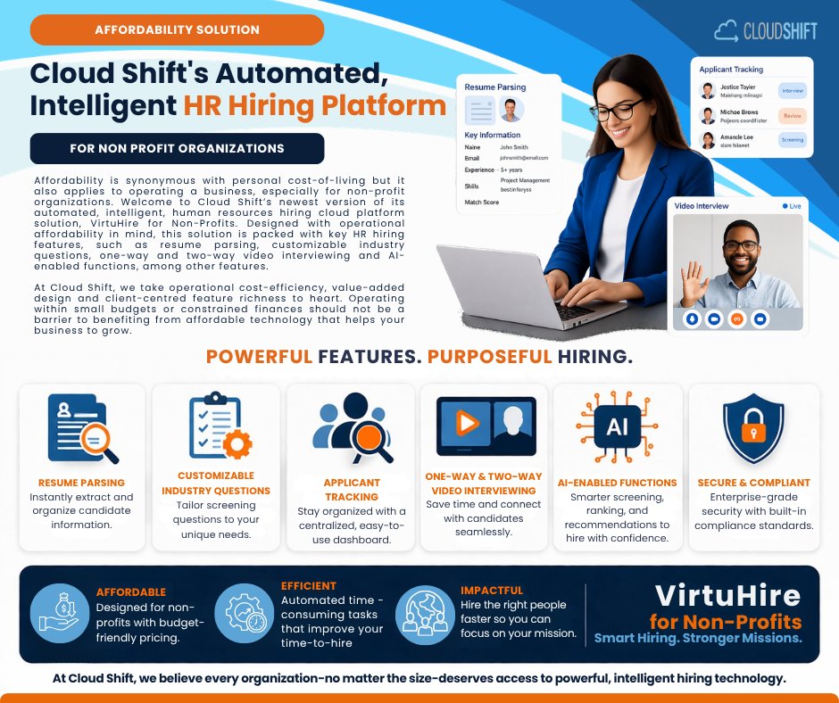 Cshift2019's tweet photo. Hiring shouldn’t be costly or complex.

With Cloud Shift’s AI-powered HR platform, non-profits can:

✔️ Automate screening
✔️ Streamline hiring
✔️ Reduce time-to-hire

Smarter hiring. Greater impact.

#CloudShiftInc #HRTech #AIHiring #NonProfit #Automation https://t.co/bPGoIrPxH2