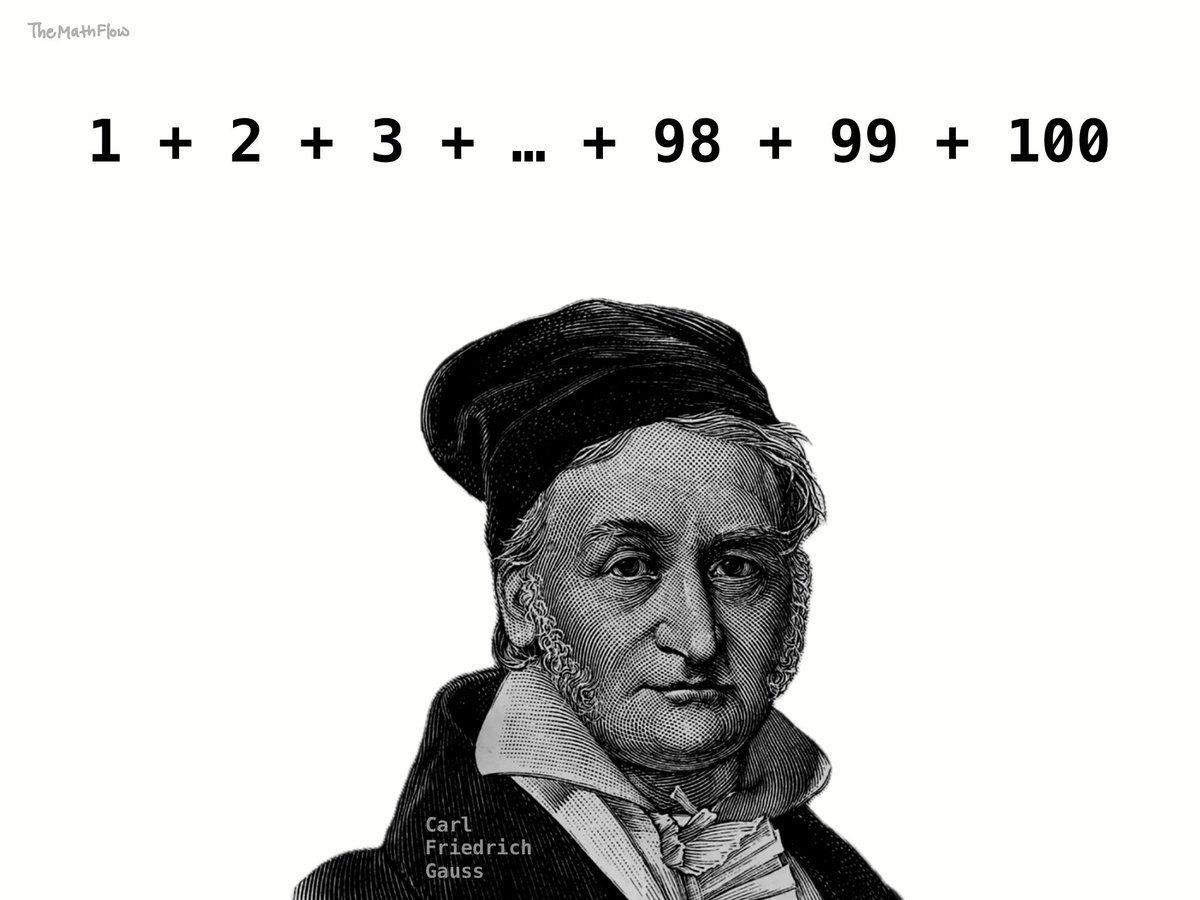 TheMathFlow's tweet image. Carl Friedrich Gauss was born on April 30, 1777, in Brunswick, Germany.
As a very young child, Gauss showed signs of brilliance. As a 10-year-old student, he surprised his teacher, Mr Büttner, by mentally determining the sum of the numbers 1 + 2 + 3 + … + 98 + 99 + 100 by