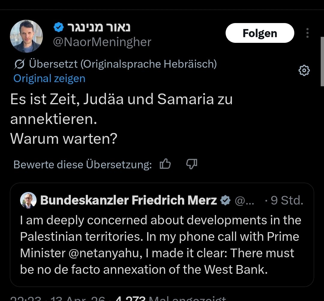 Auf Englisch heult er , auf Hebräisch fordert er am Trauertag die sofortige annektierung des Westjordanlands