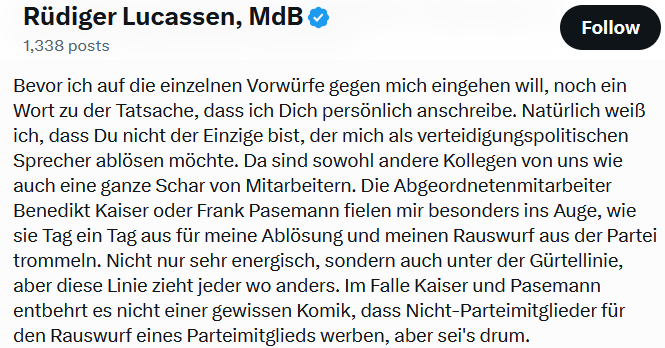 IbDoku's tweet photo. Der verteidigungspolitische Sprecher der #AfD Rüdiger #Lucassen muss gehen.
Der Helferich-Getreue beklagt gegenüber seinem Gegenspieler Braga orchestrierte Angriffe auf X durch die völkisch-neurechte Bubble, u.a. Kaiser und Pasemann. Die Putinfreunde triumphieren. https://t.co/IQPq87BHKf