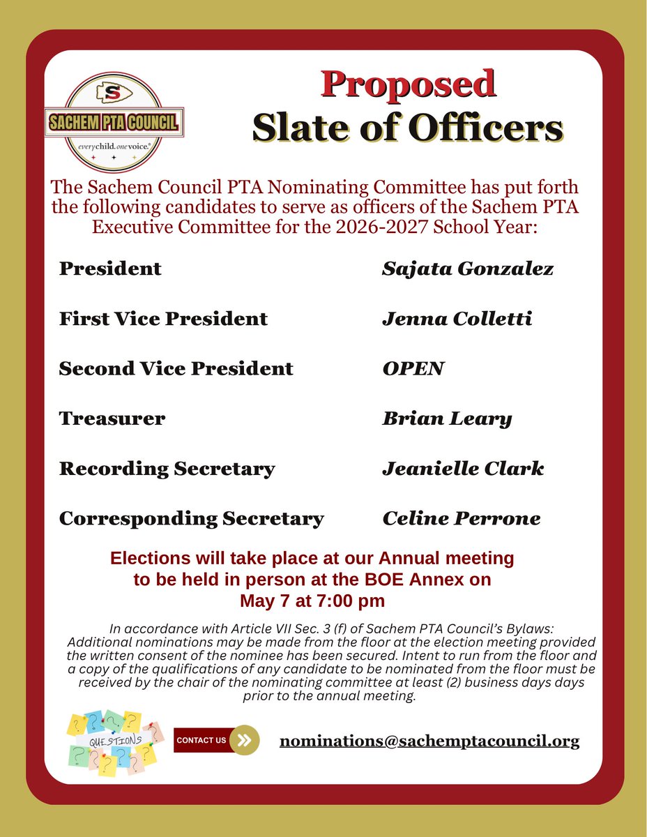 SachemPTA's tweet photo. Proposed Slate
The Nominating Committee has put forth the following candidates to serve as officers of the Sachem PTA Executive Committee for the 2026-2027 School Year. https://t.co/Q5qojSFV84