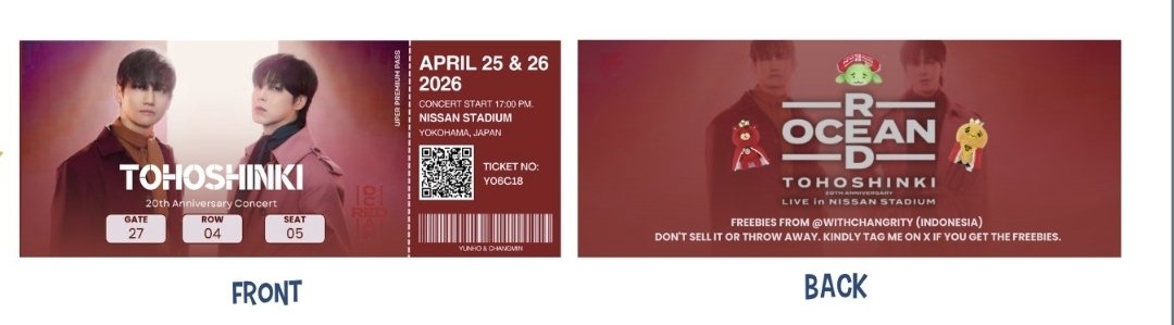 [HELP RT] 

I’ll be handing out these fan-made commemorative tickets as freebies at Nissan Stadium! 🏟️ Let’s celebrate Tohoshinki’s 20th Anniversary together. 

If you want to exchange freebies, please let me know.