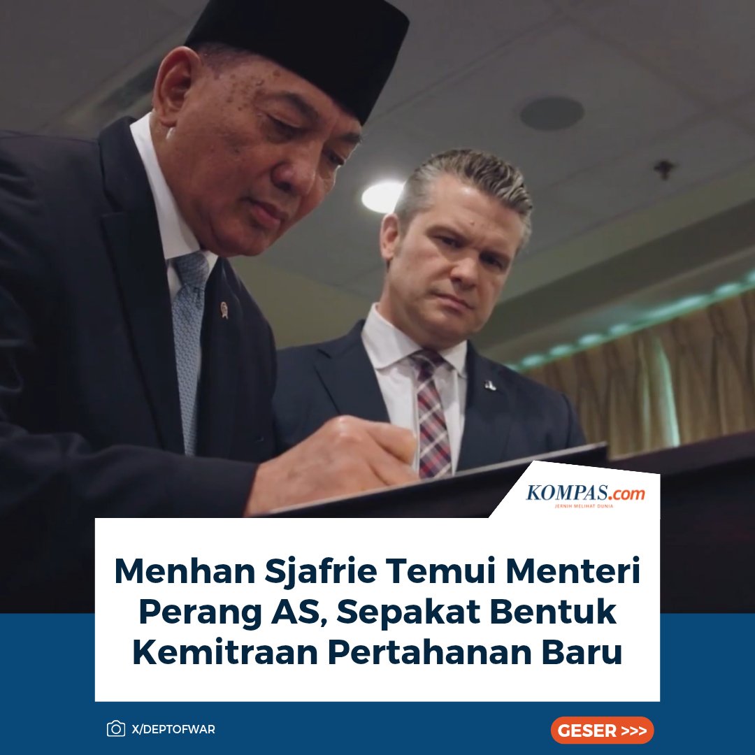 kompascom's tweet image. Menteri Pertahanan RI Sjafrie Sjamsoeddin dan Menteri Perang Amerika Serikat Pete Hegseth menyepakati pembentukan Kemitraan Kerja Sama Pertahanan Utama atau Major Defense Cooperation Partnership (MDCP) dalam pertemuan di Pentagon, Virginia, Senin (14/4/2026).

` #Kemhan #AS