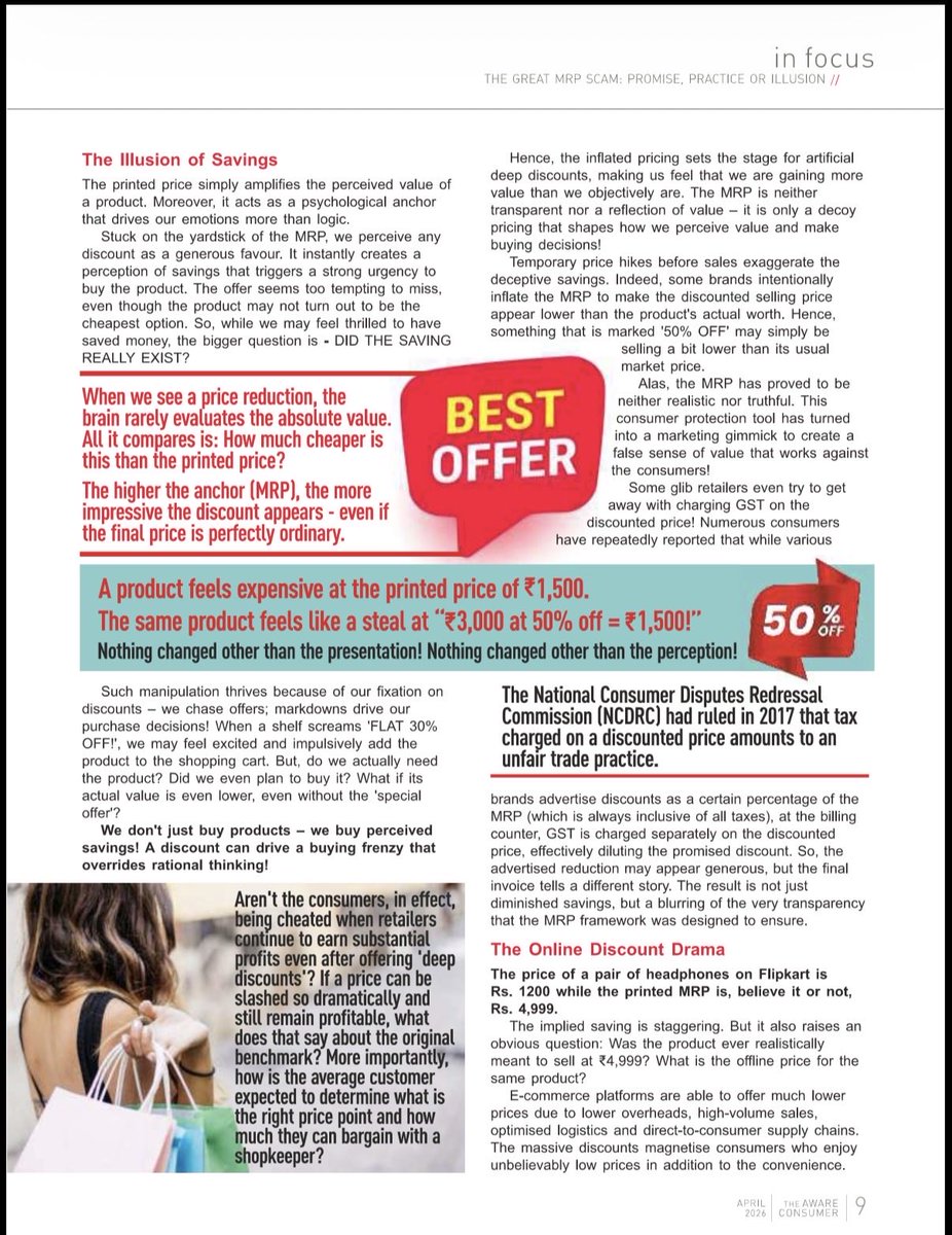 PayalBytes's tweet photo. As consumers, we consider MRP to be fair and reasonable price.But is it truly the real price? How can sellers afford to offer dramatic discounts? Are we genuinely saving money on deals or responding to pricing psychology?

Decode the GREAT MRP SCAM
@bejonmisra #theawareconsumer https://t.co/gPbcFHmPCe