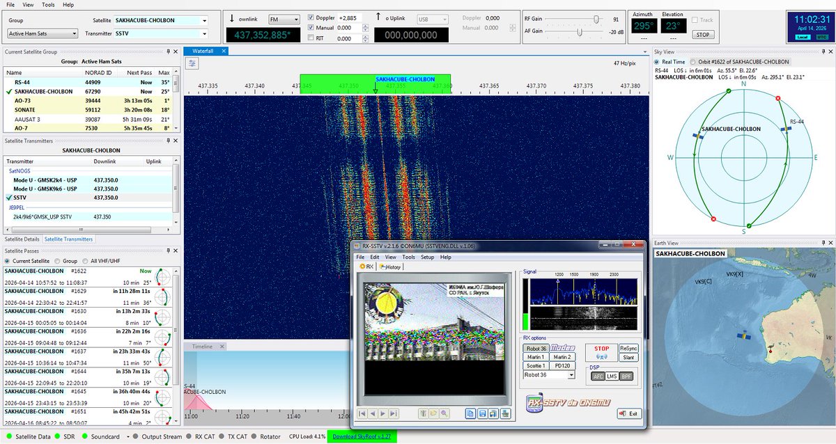 vk6ysf97230's tweet image. RS18S (SAKHACUBE-CHOLBON) SSTV Decode 
14 April 03:20 Z 
Freq: 437.350 MHz FM
Mode: SSTV Robot 36

Antenna: Skew Planar Plane Antenna for 435MHz vk6ysf.com/skew_planar_wh…

Marginal quality SSTV image recovered

Track ISS: n2yo.com/?s=67290

#rs18s #sstv