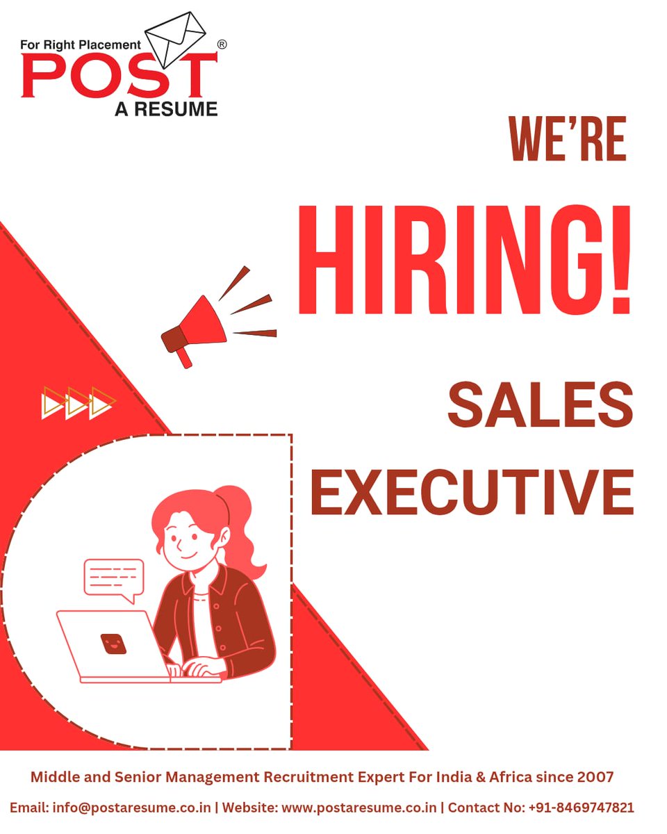 postaresume's tweet image. 📢 We’re Hiring: Sales Executive

APPLY NOW :
career.postaresume.co.in/jobseeker/1308…

📌 Follow POST A RESUME 

📲 Join our WhatsApp Channel for updates:
lnkd.in/d2fp_Hpc

#HiringNow #Sales #Marketing  #Construction #PEB #Roofing #PostAResume #HelpingHands #VipulMmali #VipulTheWonderful