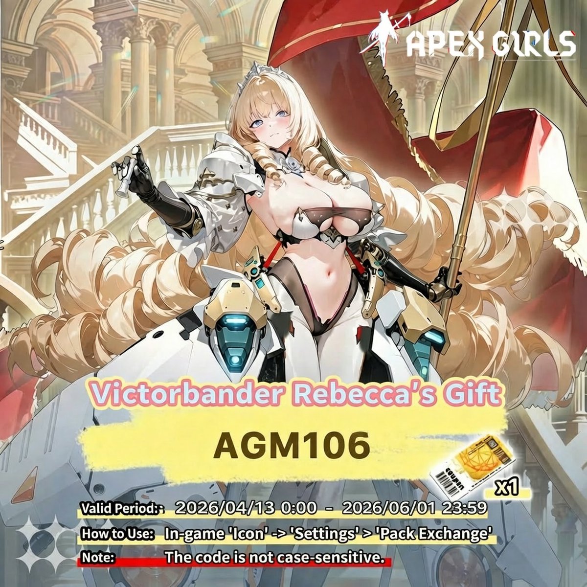 ApexGirlsEN's tweet photo. 🎁 [𝙎𝙥𝙚𝙘𝙞𝙖𝙡 𝙂𝙞𝙛𝙩]

Commander, thank you for your continued support!

🎁：AGM106
🕙：2026/4/13～2026/6/1 23:59
✅：Advanced Roulette Ticket x 1 https://t.co/BxnaSvojSz