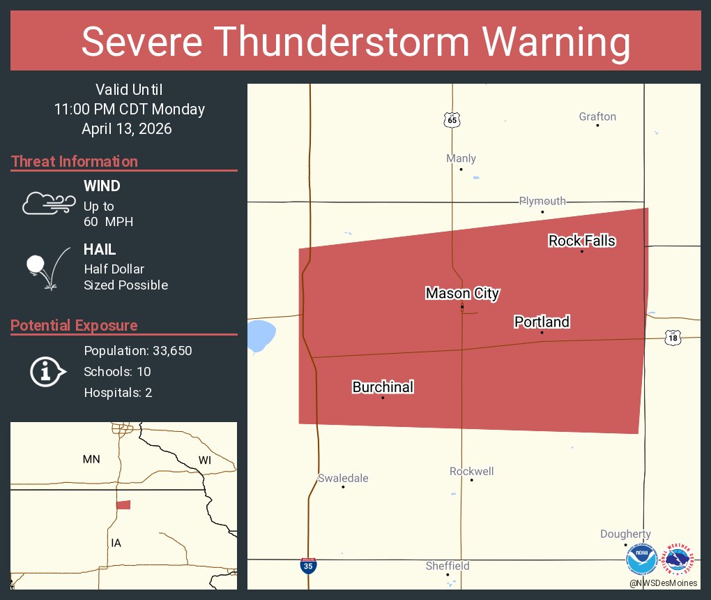 Severe Thunderstorm Warning including Mason City IA, Rock Falls IA and ...