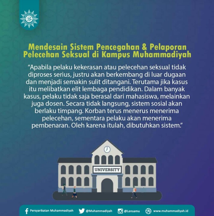 bukupembaharu's tweet photo. Sejak tahun 2020 kampus dibawah Persyarikatan Muhammadiyah tidak mentolerir adanya Pelaku Pelecehan seksual, bahkan telah mendesain kampus yang Benar-benar aman dan nyaman. 

Desain sistem pencegahan dan pelaporan pelecehan seksual ini tentunya sejalan dengan prinsip keadilan bagi PEREMPUAN yang sudah diperjuangkan Kiai Dahlan sejak awal berdirinya Muhammadiyah.
