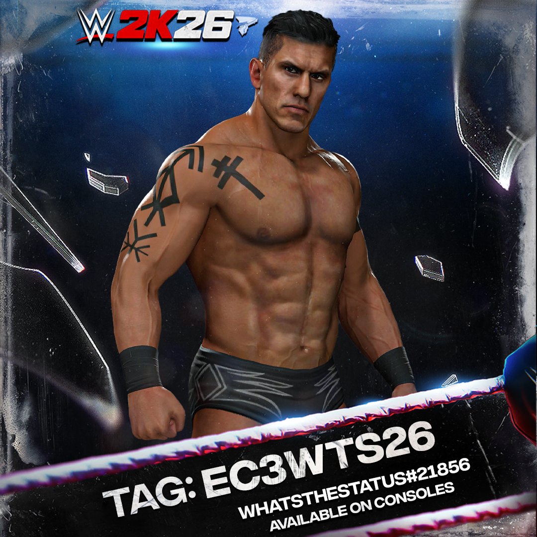 NEW! #WWE2K26 Upload to Community Creations!

★ EC3

★ Search Tag → EC3WTS26 or WhatsTheStatus
- Available on Xbox Series X/S, PS5 &amp; Switch 2

★ INCLUDES
● Render with WWE 2K26 Effect
● 2026 Attire
● 2nd Attire with no Tattoos.
● Moveset. Stats, etc.
● No MyFaction,