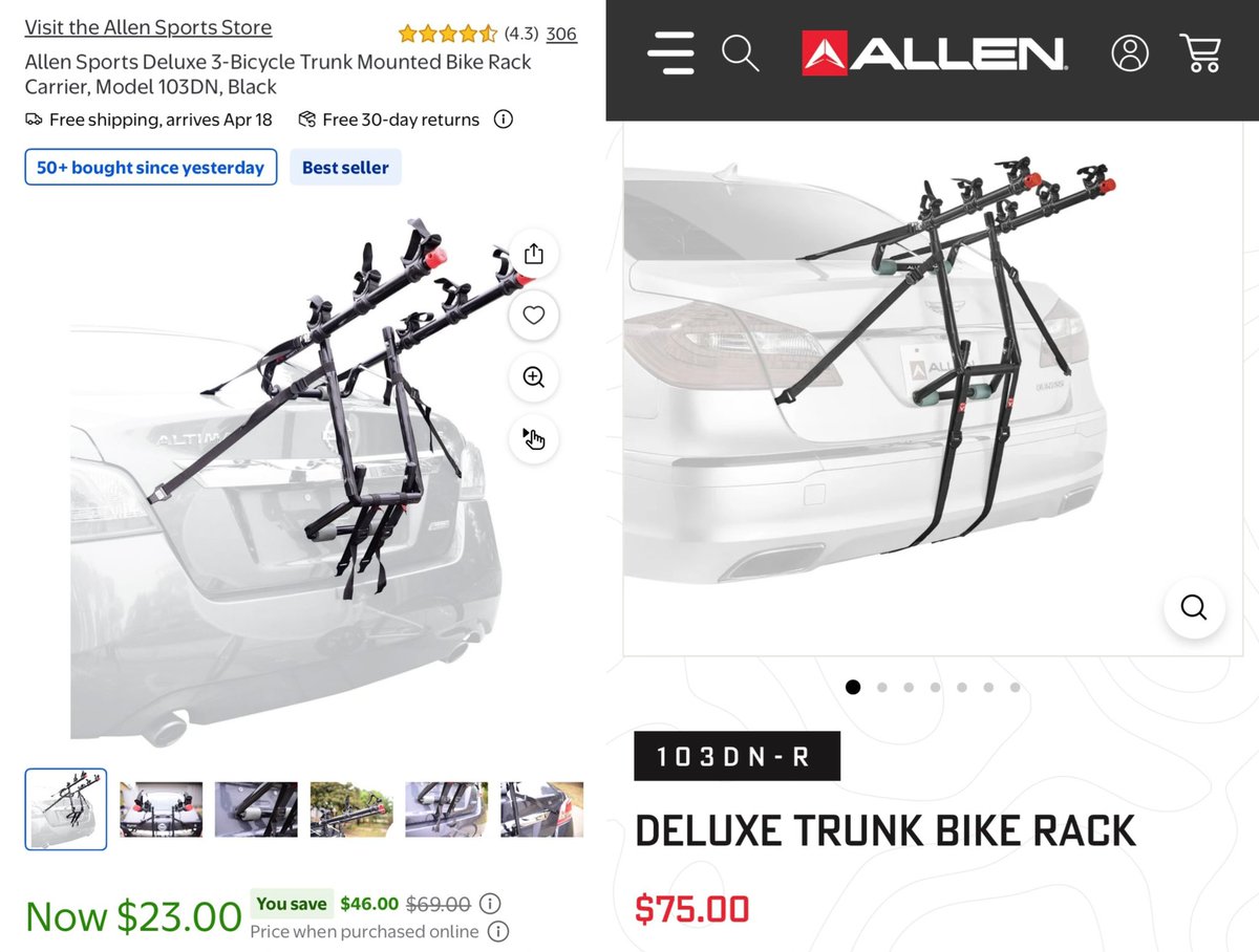 GlitchedDeals's tweet image. 67% OFF ALLEN 3-BIKE TRUNK RACK

Trunk bike rack now only $23 at Walmart, originally $69

Free shipping, currently $75 at official Allen website

Features tie-down system, padded protection, and is fully assembled

cutt.ly/NtGy2OaW #ad