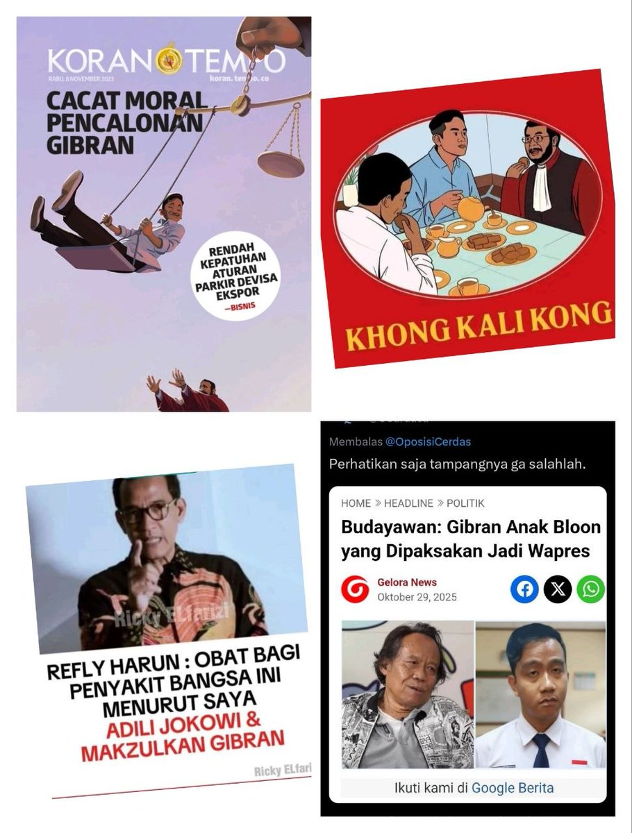 Pencawapresan Gibran cacat moral bawaan.

Gibran anak bloon yang dipaksakan bapaknya untuk jadi wapres.
#2026TurunkanPrabowoGibran 

Bangsa ini harus disembuhkan dengan adili Jokowi dan makzulkan Gibran
#2026TurunkanPrabowoGibran