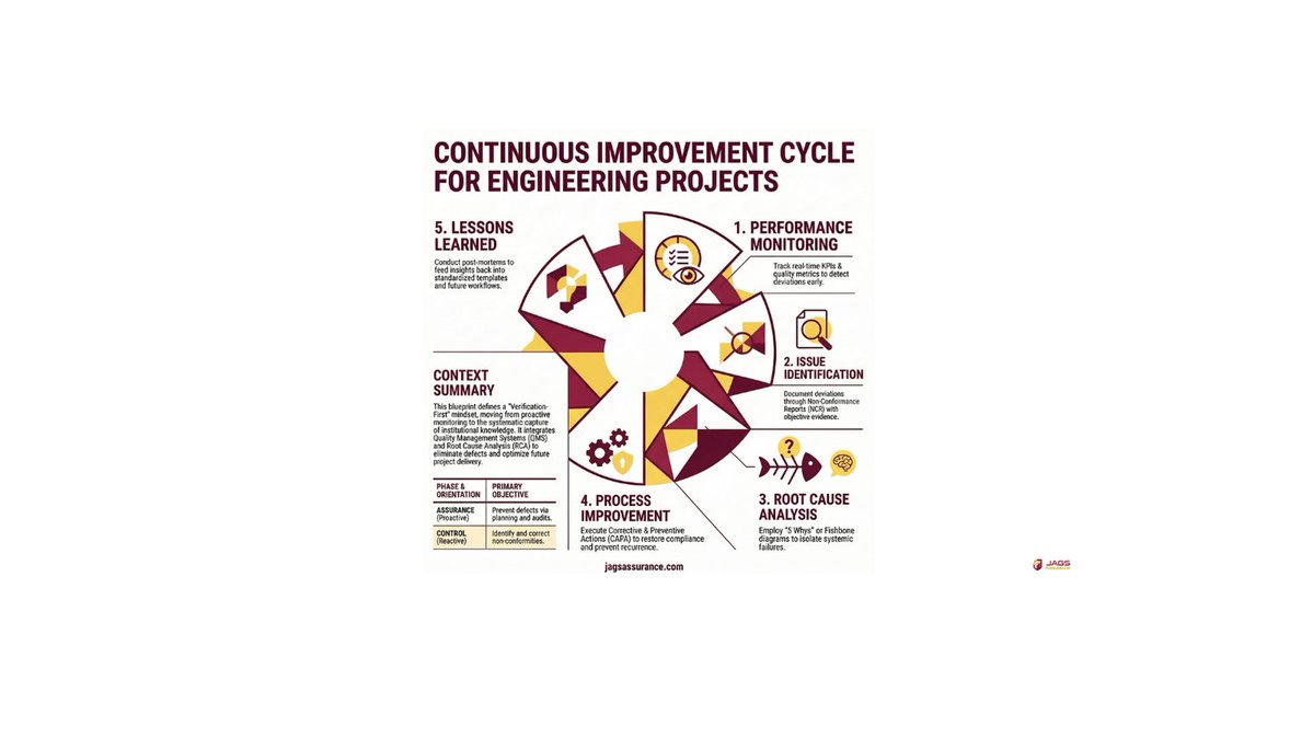 JagsAssurance's tweet image. Continuous Improvement Cycle
Continuous improvement strengthens project quality over time.
Learning from past issues helps organizations improve processes, reduce risk, and enhance project outcomes.
#ContinuousImprovement
#QualityManagement
#EngineeringLeadership