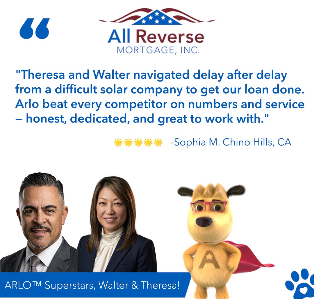 allreverse's tweet photo. Sophia is a project manager. She reads people, she reads numbers, and she doesn't miss much. So when she started shopping for reverse mortgages, she came in with quotes from multiple companies and high expectations.

ARLO beat them all — on price and on service.

That's the part that never gets old. Anyone can make promises. Theresa Lee and Walter delivered. Thank you, Sophia, for the kind words and for trusting us with your loan. Theresa and Walter, well done!

#ReverseMortgage #ARLOReverseMortgage #TeamARLO