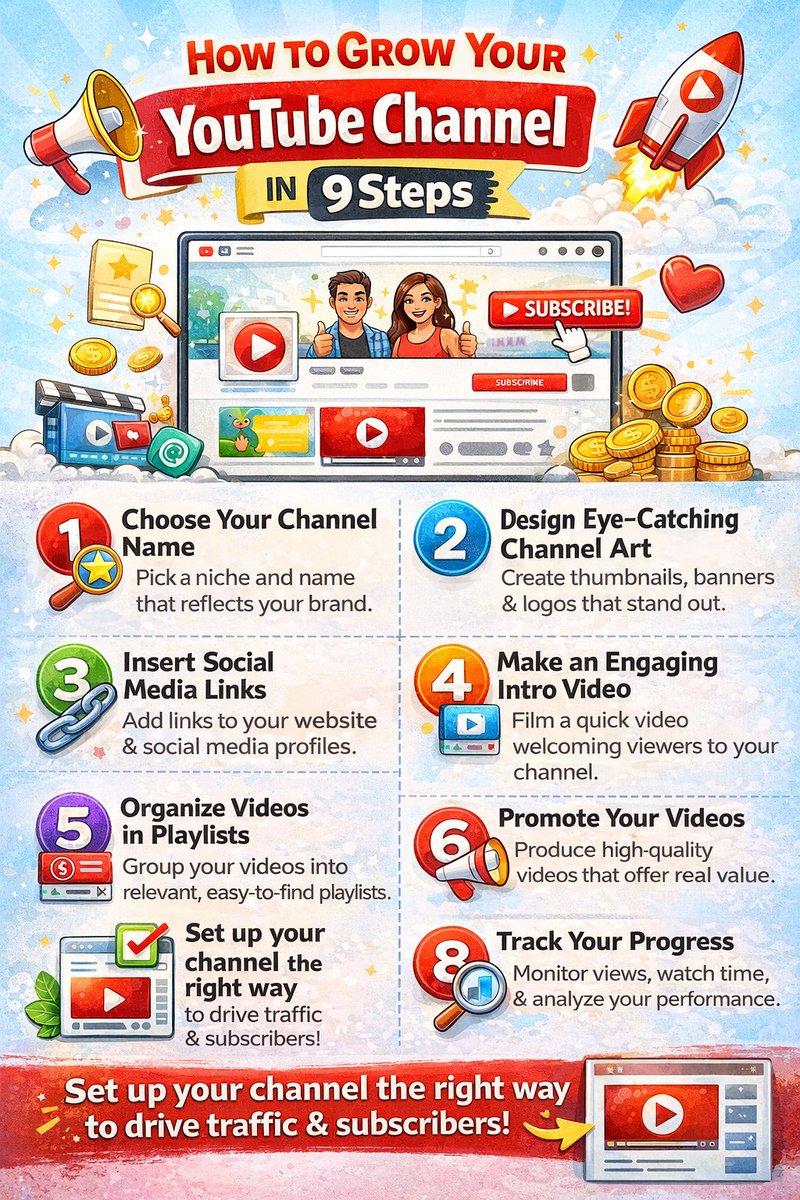 lalittkumar765's tweet image. 📍Your YouTube roadmap in one image. 🗺️

1️⃣ Choose your niche
2️⃣ Design your brand
3️⃣ Optimize for growth

...and 6 more steps to help you scale!
Save this for later and start building your channel today. 🎬

#YouTubeTips #CreatorEconomy #SmallYouTuber