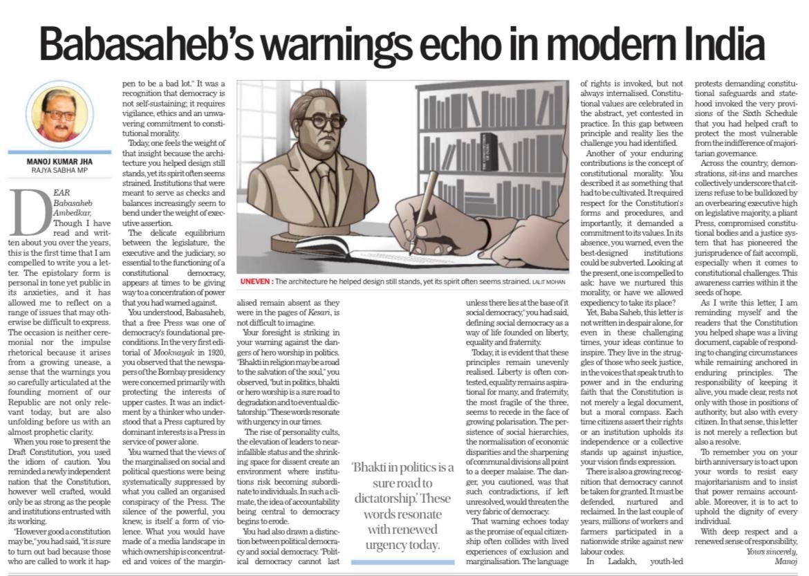 NalinAnant's tweet image. It's a day to remember Baba saheb whose philosophy shaped what equality &amp;amp; justice are all about. A reflective piece by @manojkjhadu
#justice #equality 

tribuneindia.com/news/comment/b… Babasaheb’s warnings echo in modern India