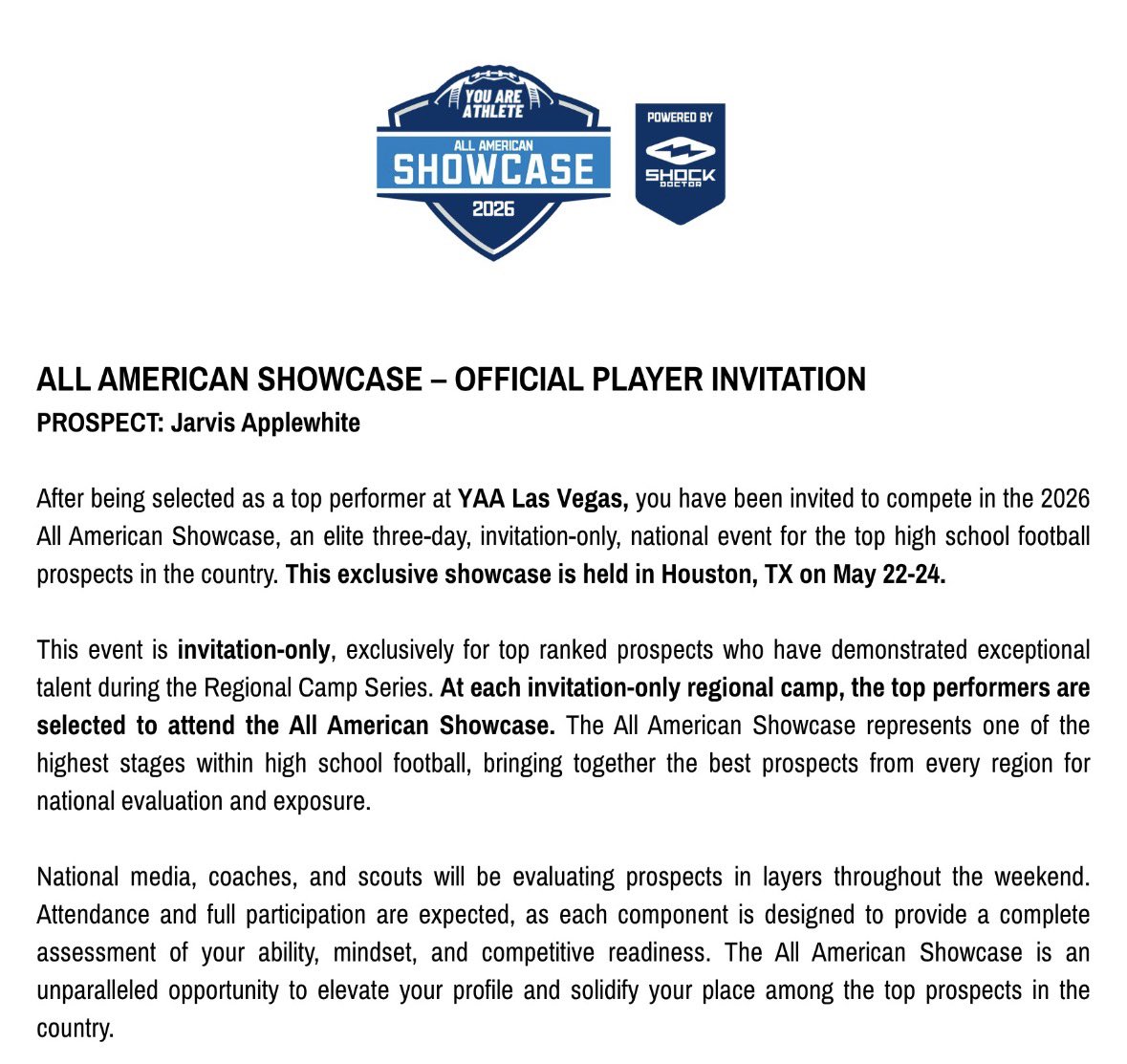 JarvisJr_3's tweet image. Thank you @youareathlete and @ShockDoctor for my official invite to @RoadToHouston 2026 #AllAmericanShowcase in #Houston, TX from May 22-24! I'm ready to bring my A-game and compete with the nation's top athletes while representing @BarstowFTBL! #WinTheDay @CoachWeev_Goat