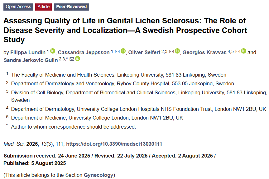 medsci_MDPI's tweet image. 🧬 New insights into genital lichen sclerosus:

Clinical severity (LSc score) closely correlates with QoL impairment—especially in men—and improves after 12 weeks of treatment.

🔗 mdpi.com/2076-3271/13/3…

#MedicalSciences #SkinHealth #PatientOutcomes #DermResearch #Healthcare