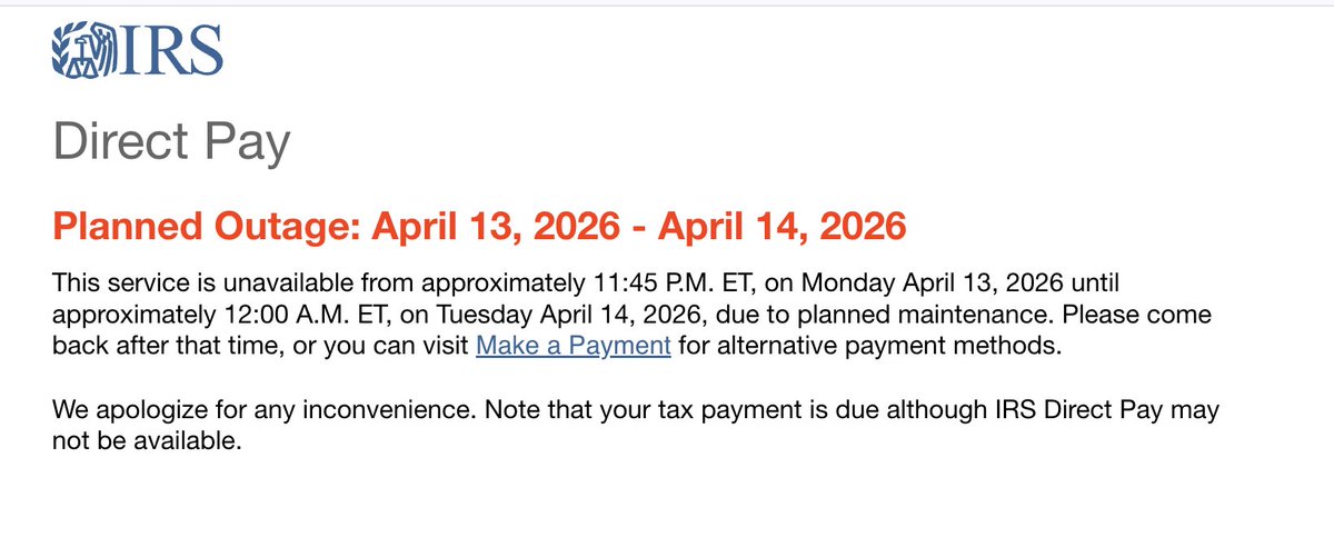 juliapintar's tweet image. why would the IRS schedule an outage two days before taxes are due :(