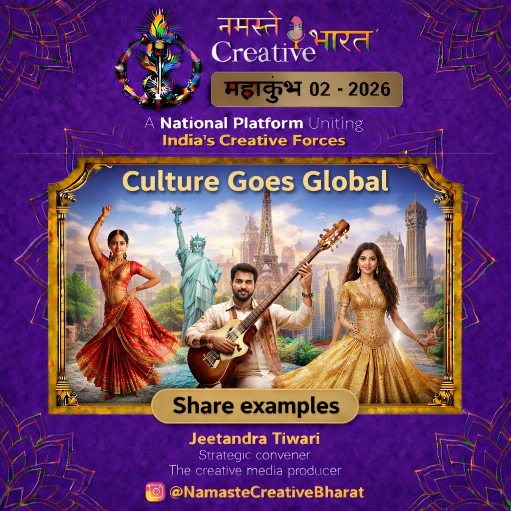 jeetandratiwari's tweet photo. #नमस्तेCreativeभारत 🇮🇳
Culture Goes Global. 🌍
India is shaping global creativity 🇮🇳

Namaste Creative Bharat Mahakumbh 02 – 2026

Share examples.

#CultureGoesGlobal #NamasteCreativeBharatMahakumbh #Vision2047 https://t.co/3kpKnjTLso