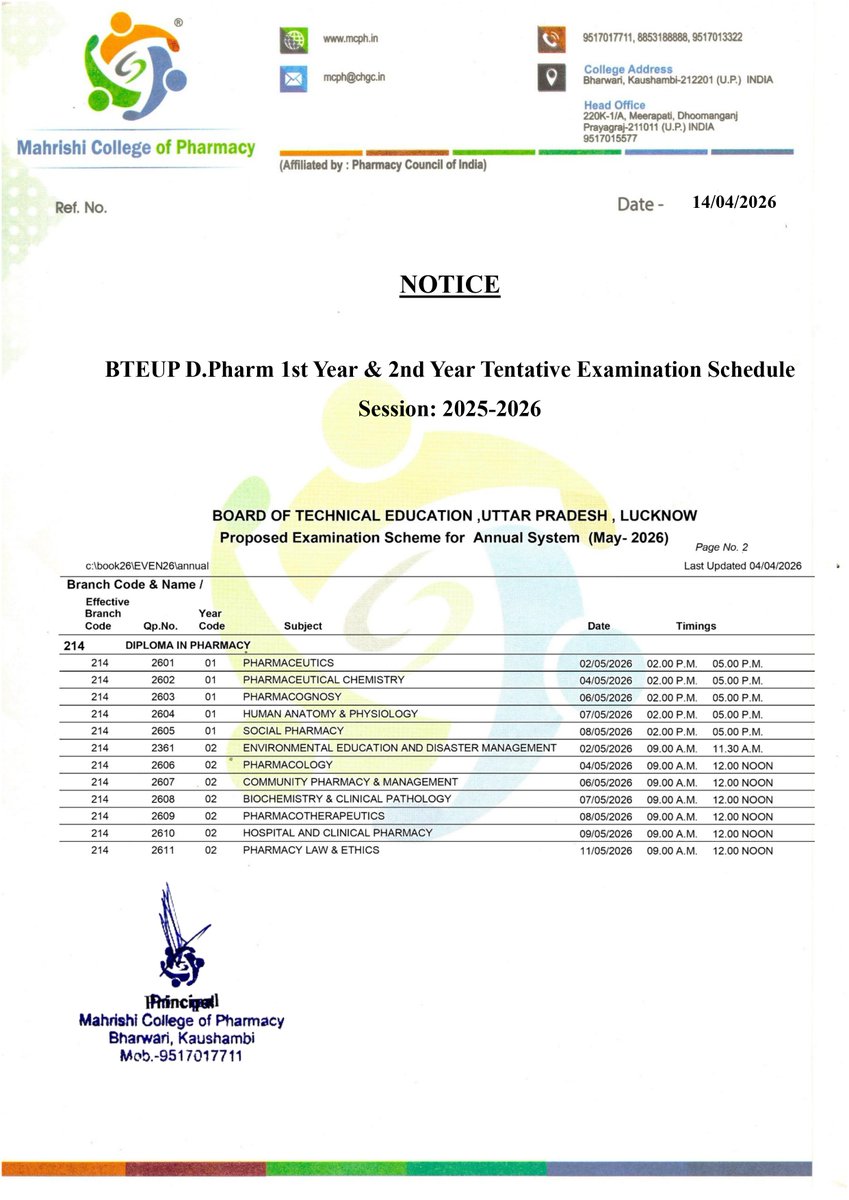 Chgc2003's tweet photo. Important Notice 📌
Mahrishi College Of Pharmacy - BTEUP D.Pharm 1st Year &amp; 2nd Year - Tentative Examination Schedule Session: 2025-2026
.
.
 #studentnotice #collegeupdate #noticeboard #studentalert #collegelife #officialupdate https://t.co/juAIrzFOUt