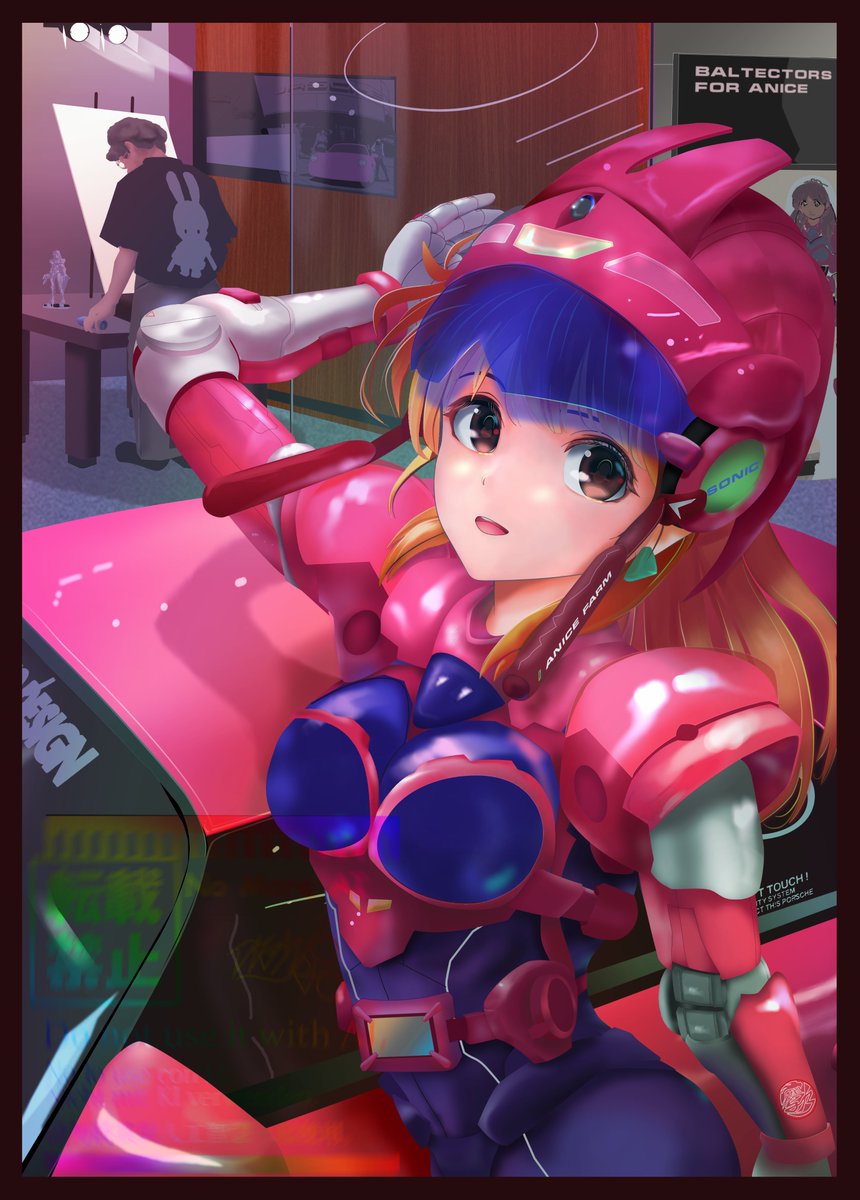 g68illust's tweet photo. １日遅れてしまいましたが、３８周年おめでとうございます。こちらのイラストについて、
このピンクのポルシェはキクチミチタカ先生所有の愛車
うしろで絵を描いてる男性が、先生の肖像
置いてある人形はバトルスーツ人形
等身大パネル
実在するものをモデルにしています！
#超音戦士ボーグマン #ボーグマン #アニス・ファーム