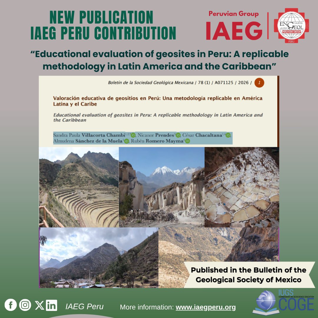 iaeg_peru's tweet photo. New publication from IAEG Peru members: we present a replicable methodology to assess the educational value of geosites in the #LAC region.
All the info visiting our website: https://t.co/dEb4Ab8Wle 
#IAEGPeru #Geoeducation #Geoheritage #Geoscience https://t.co/hPjzDYY48K
