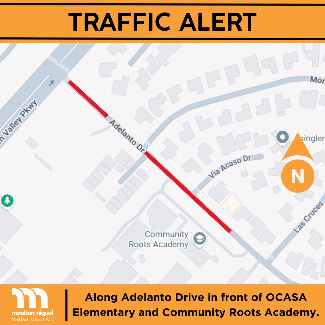 MNWDWater's tweet photo. 🚧 TRAFFIC ALERT – LAGUNA NIGUEL🚧

On Tuesday, April 14, 2026, Moulton Niguel staff will be performing a service line replacement on Adelanto Drive, across from Community Roots Academy and OCASA Elementary. Construction will take place before and will resume after school hours.  

During this time, traffic will be impacted by a single lane closure on Adelanto Drive. The road will remain open during construction.

Please allow extra time for travel and expect possible delays. Thank you for your patience and understanding as we work to maintain and improve our infrastructure.