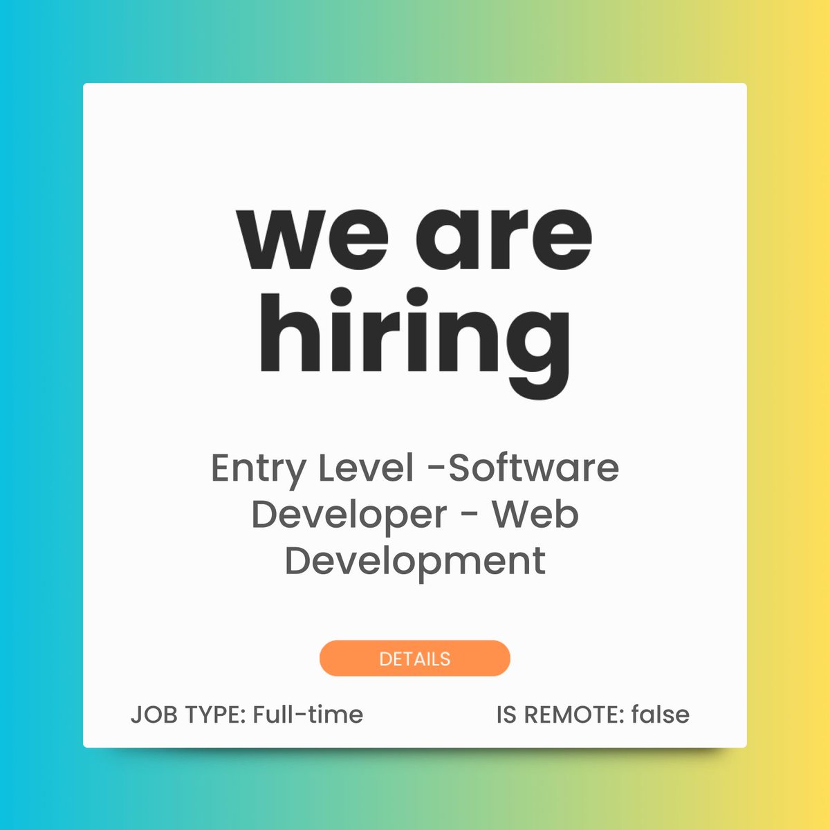 hirewitharfeen's tweet image. Job Title: Entry Level -Software Developer - Web Development
Location: Somerville, Massachusetts, US
Job Posted: 04/14/2026
Apply Link: clik.link/4o5i34m8
Request Job Here: rb.gy/it88gs

#NowHiring #JobOpening #JobVacancy #Hiring #JobAlert