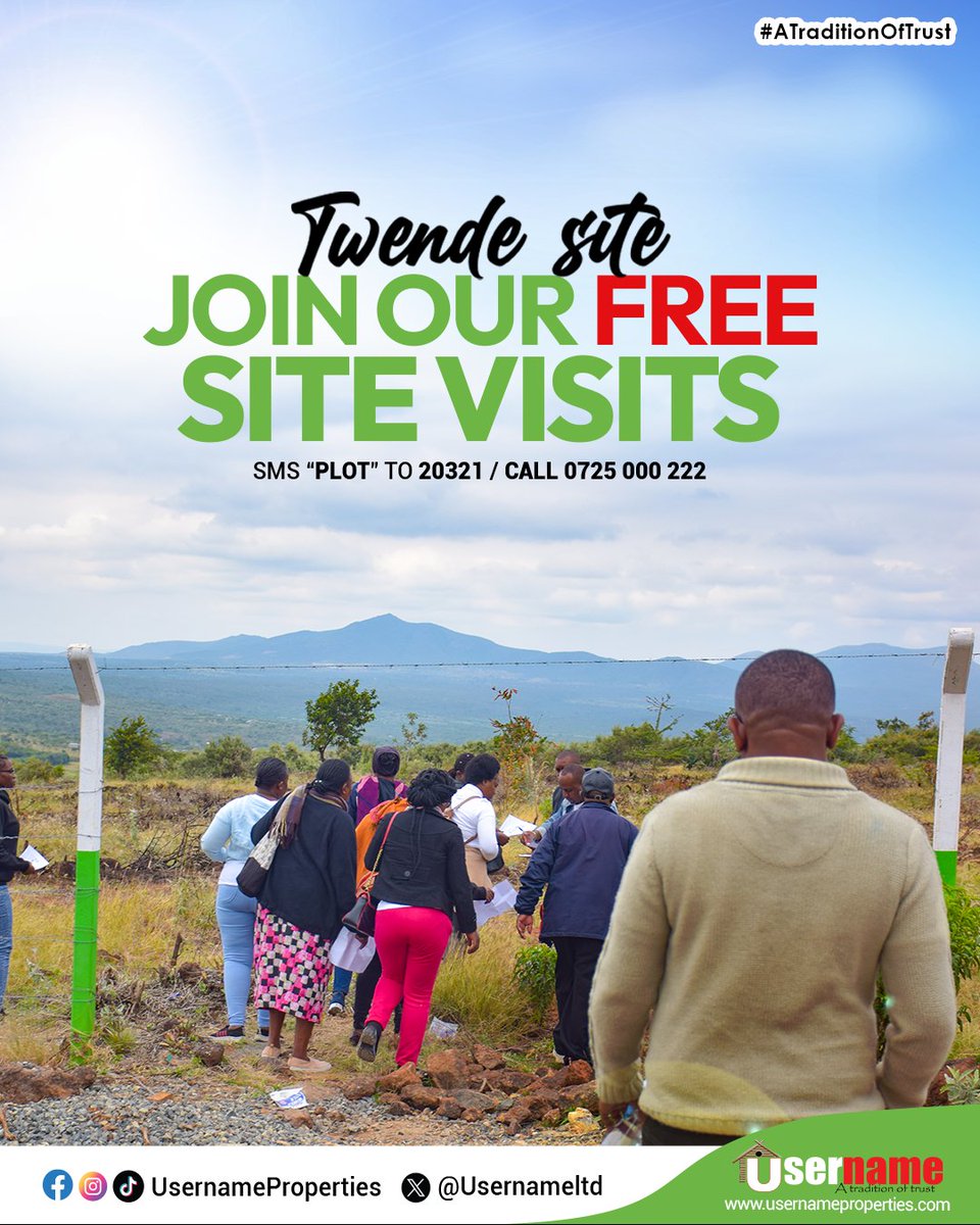 usernameltd's tweet image. Don’t just see photos. Visit the actual site. 📍

Join our weekly site visits and experience our projects on the ground. See the access roads, location and developments around the projects.
Book your visit today.

📞 0725 000 222 / 0725 000 333

#SiteVisit #UsernameProperties